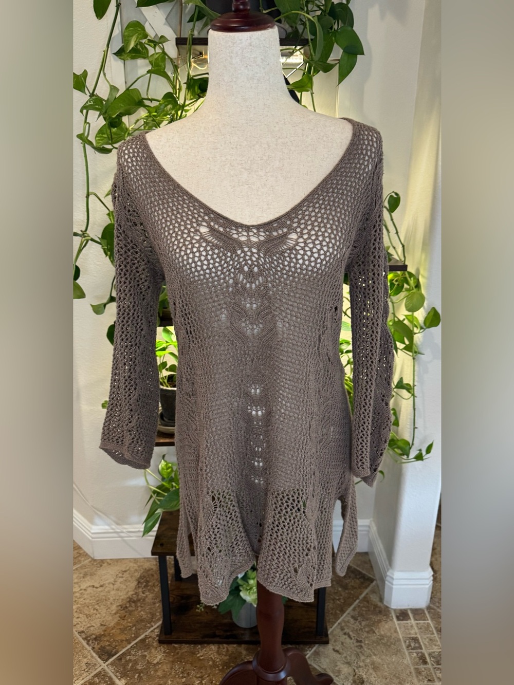 eight eight eight Taupe Crochet Knit V-Neck Sweater